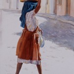 Watercolor painting "To Market" deplicts a woman walking to the market