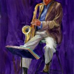 "Saxaphonist", watercolor, 15"x 22"