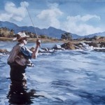 Watercolor painting titled "The Cast" is of man fly fishing in a river