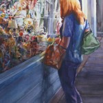 Watercolor painting of a women's reflection window shopping on King Street