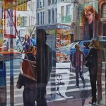 watercolor painting looking through a window at the busy streets of SoHo